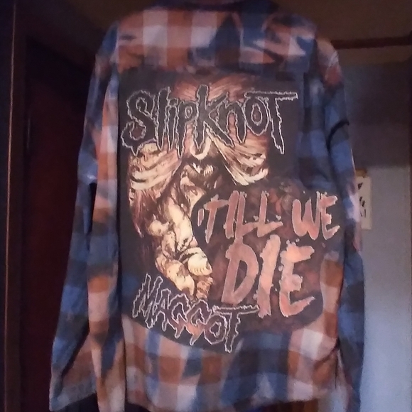 Upcycled Bleached Flannel Shirt W/ Vintage SLIPKNOT back Patch - Picture 2 of 4